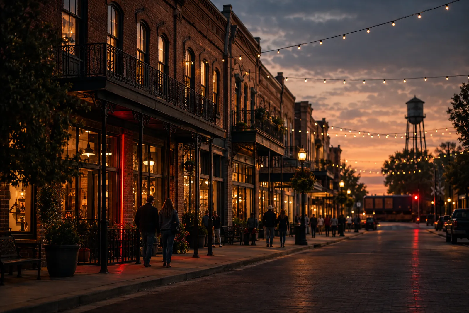 Evening street scene in a North Texas town