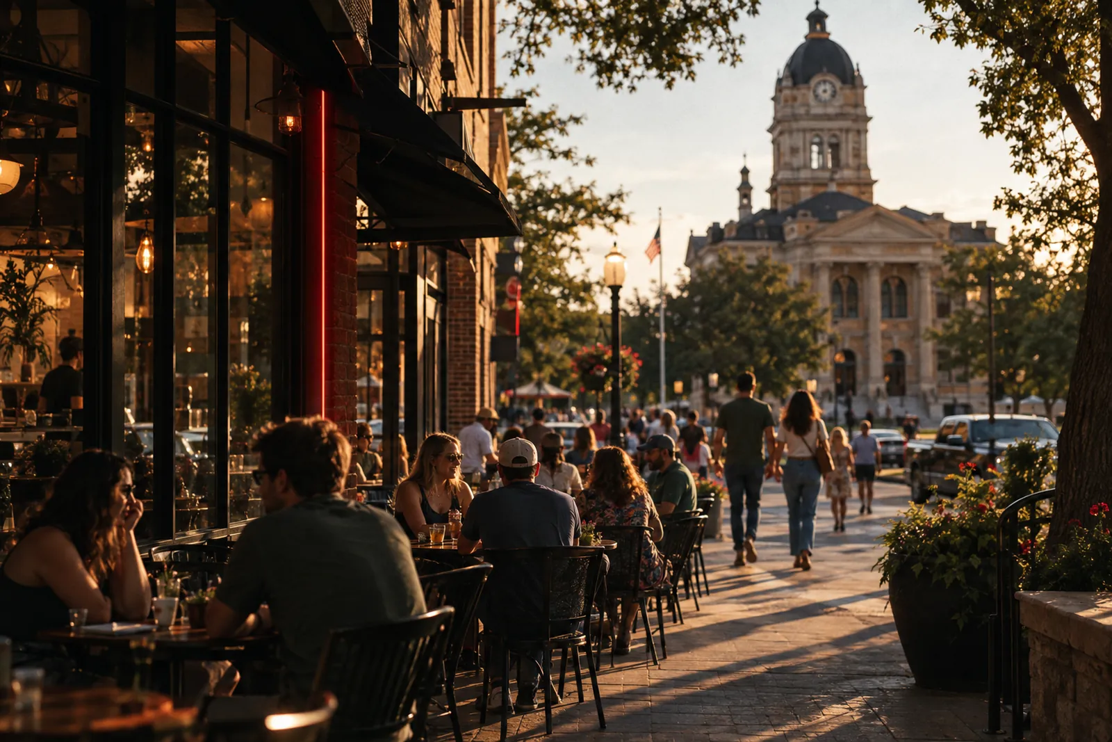 Evening street scene in a North Texas town