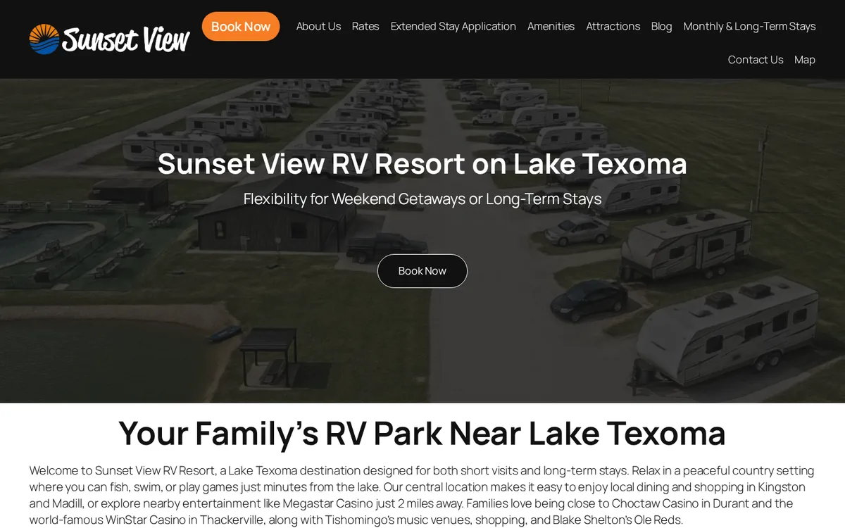 Sunset View RV Resort website on desktop