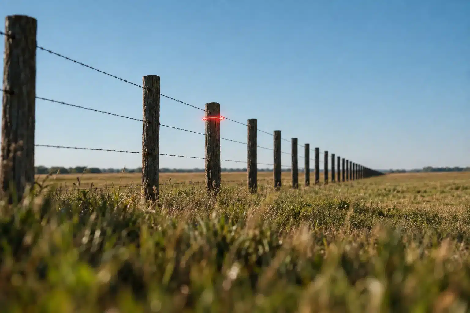 Row of fence posts across a flat pasture, with one post circled by a thin ring of red light