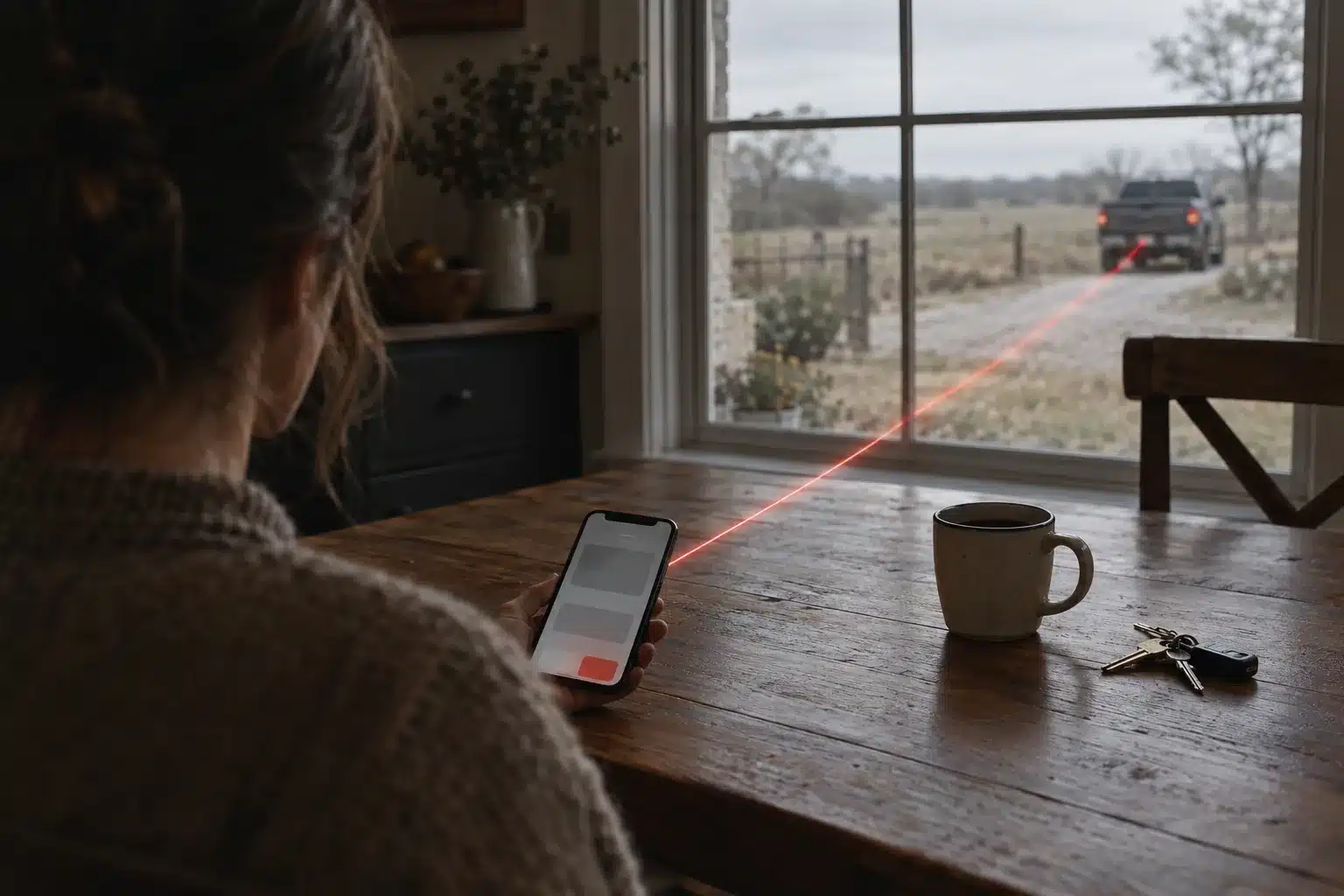 Person at a farmhouse kitchen table holding a phone, with a thin red line of light running from it out the window toward a pickup on a gravel road