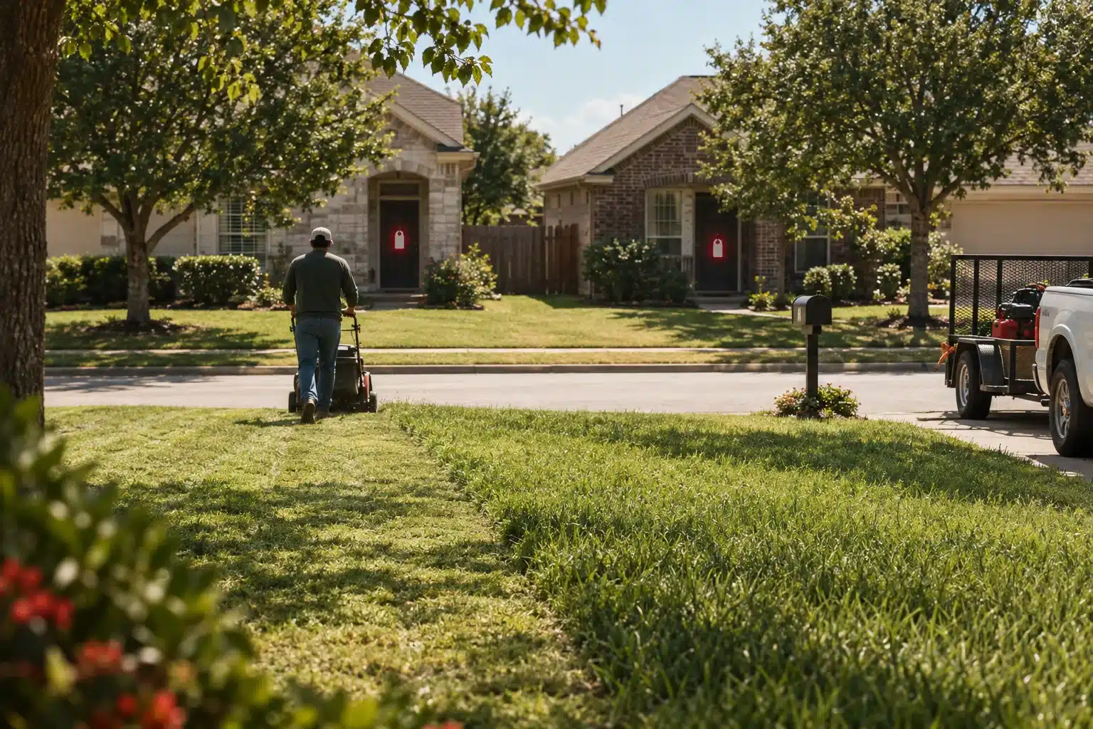 A lawn care worker mowing a front yard at midday while blank door hangers hang on the neighboring houses' front doors.