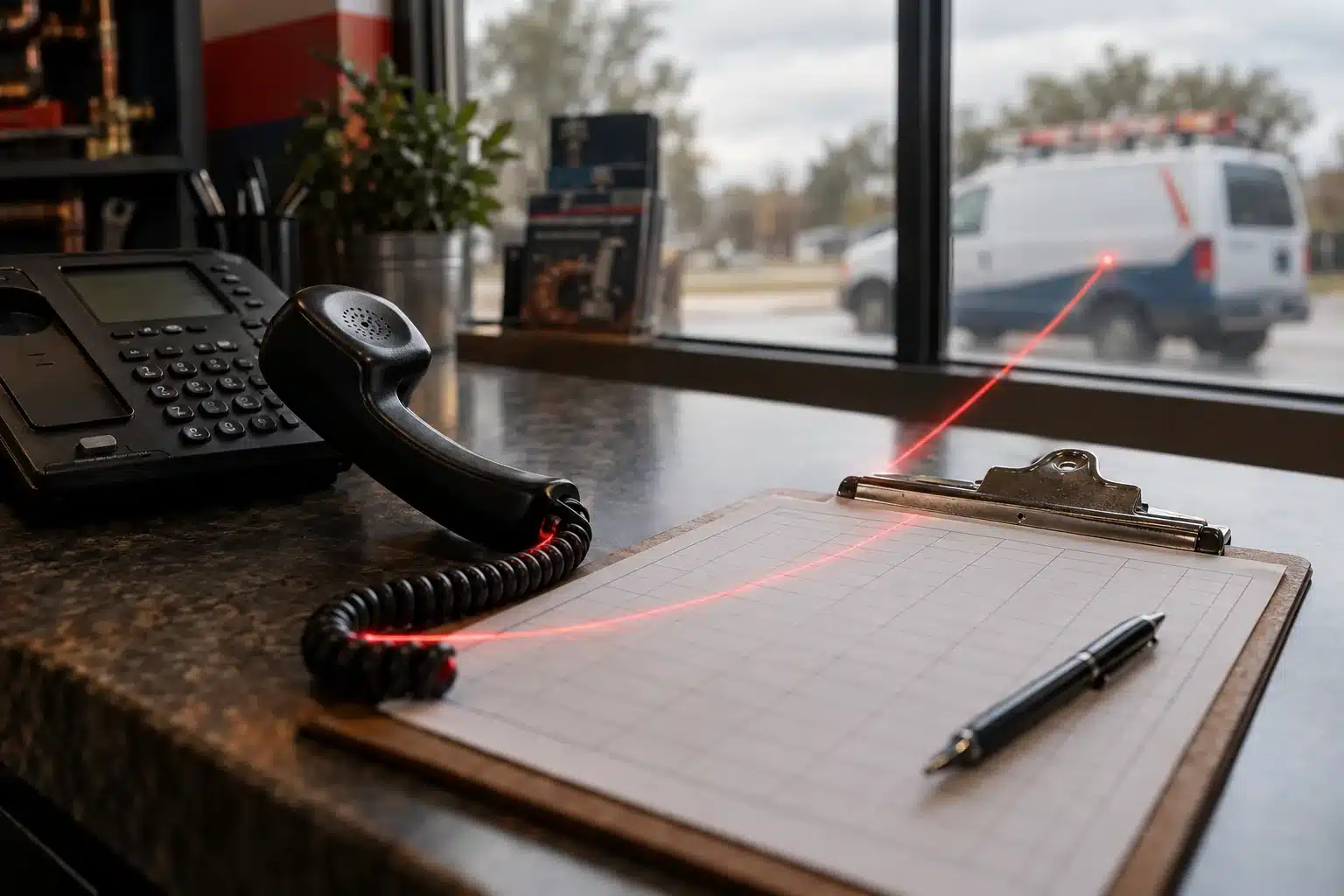 Office counter with a desk phone, a clipboard of blank grid paper and a work van outside the window, linked by a thin red light line