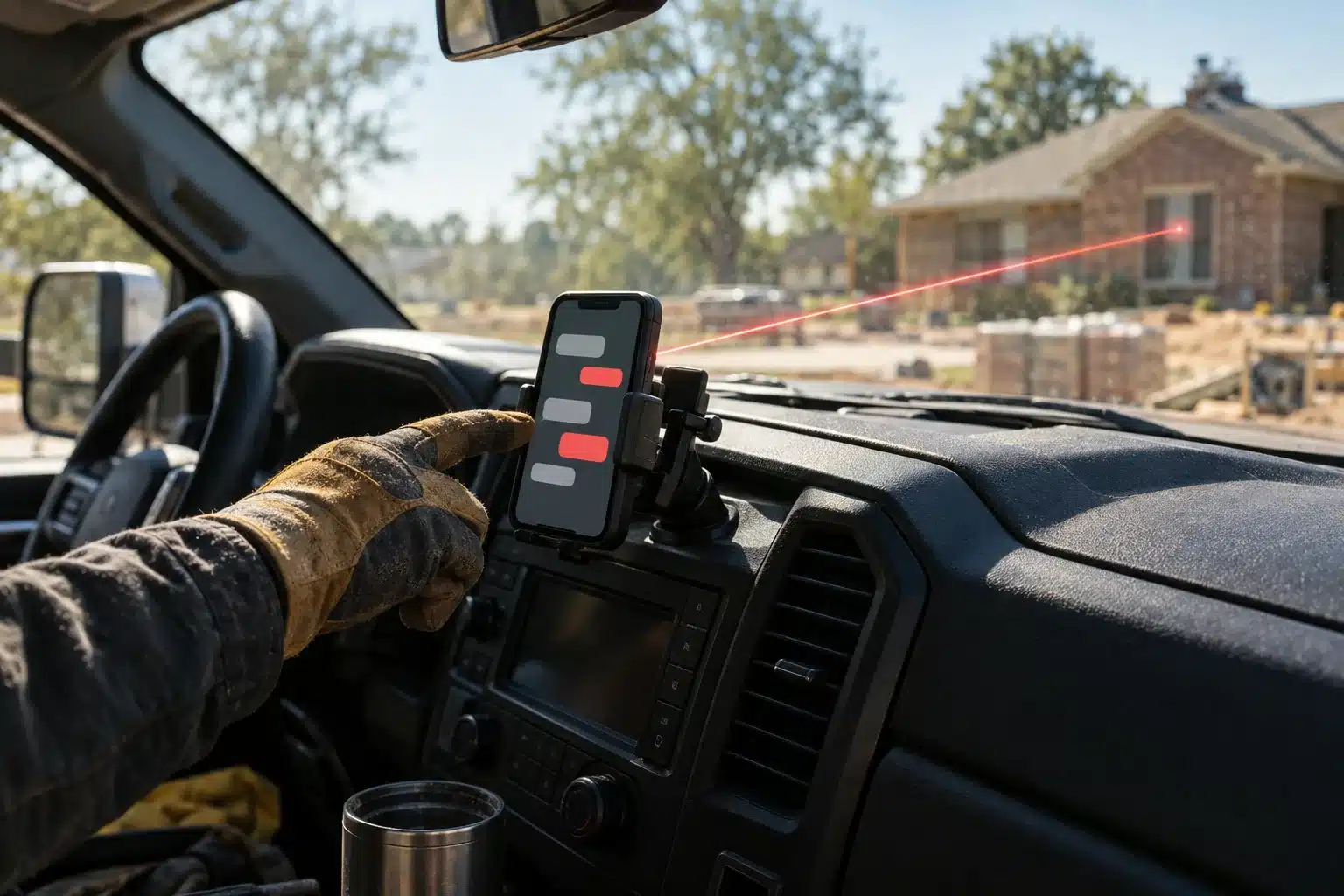 Phone in a pickup truck dash mount showing message bubbles, a gloved hand reaching for it, with a house blurred through the windshield.