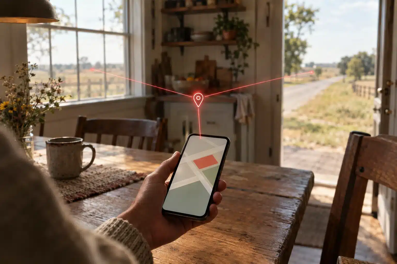 A hand holding a phone at a farmhouse kitchen table with a small glowing red map pin floating above it