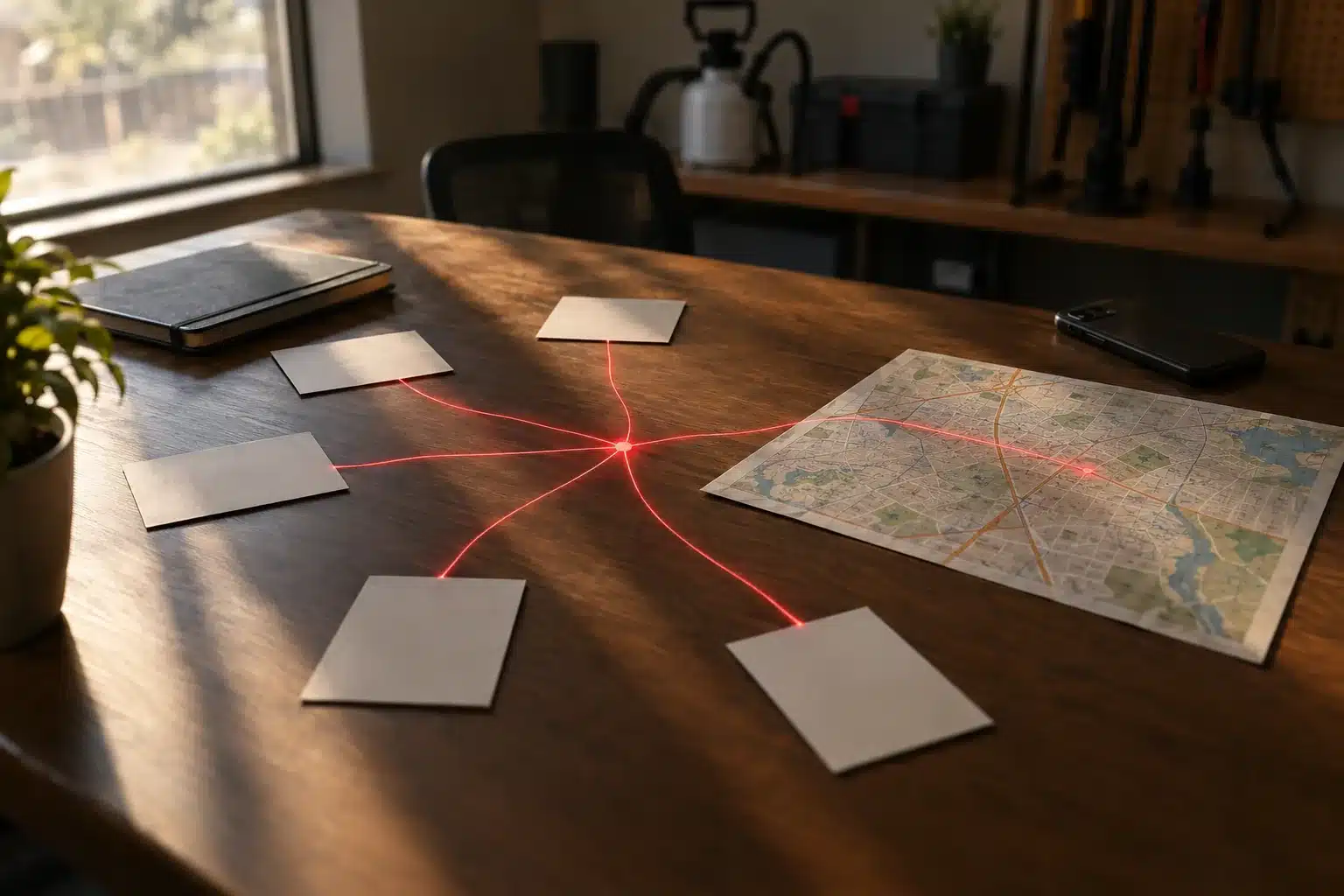 Blank paper cards, a map and a phone on an office desk in window light, connected by a thin red thread of light that meets in the center