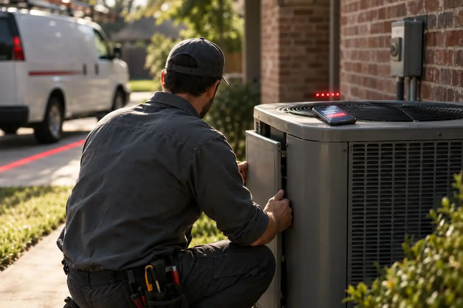HVAC technician closing up an outdoor AC unit beside a brick house, with a phone resting on top of the unit