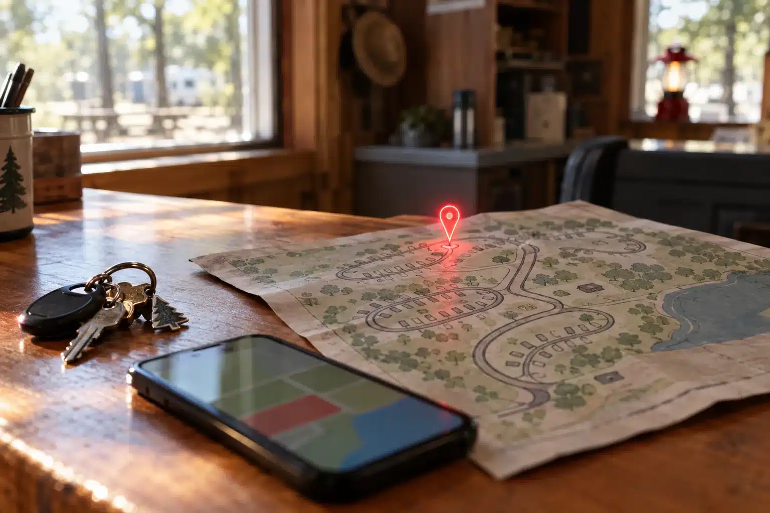 Campground office counter with a paper site map, keys and a phone, and a small red map pin of light hovering over the map