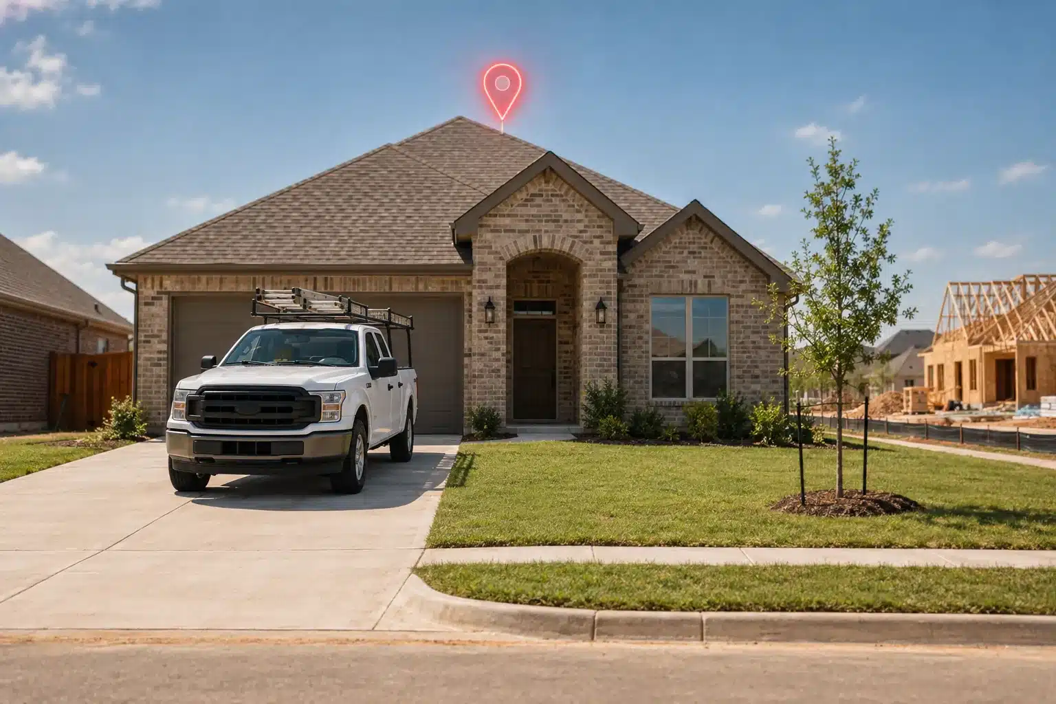 Unmarked white service pickup in the driveway of a new brick home with fresh sod, with a small red map pin of light above the roof
