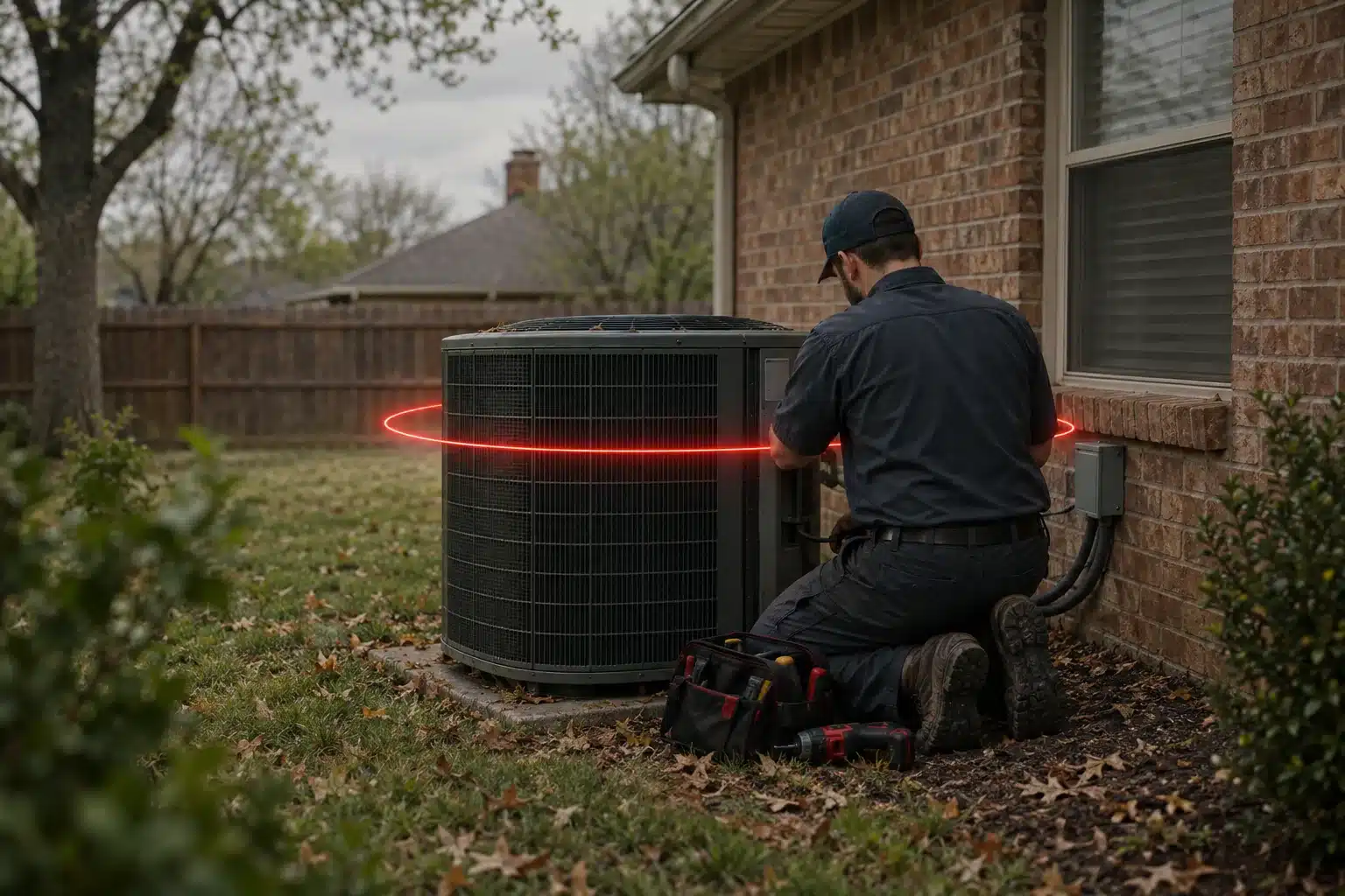HVAC technician kneeling beside an outdoor air conditioner unit next to a brick house on an overcast day