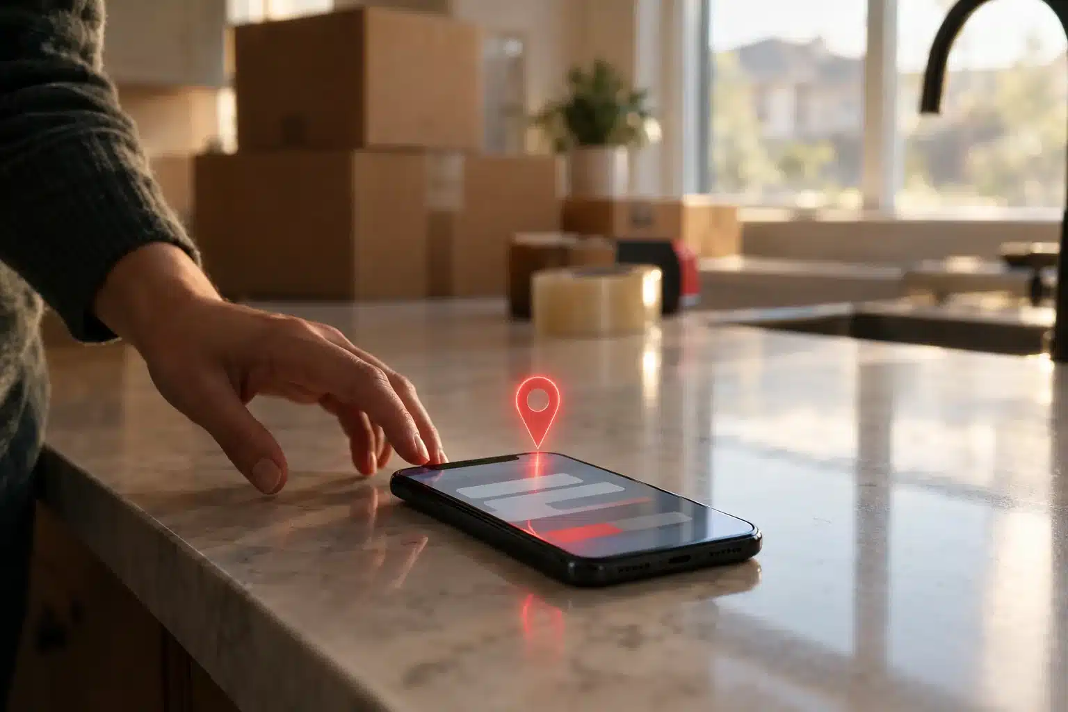 Phone on a kitchen counter surrounded by moving boxes, with a small red map pin of light floating above it