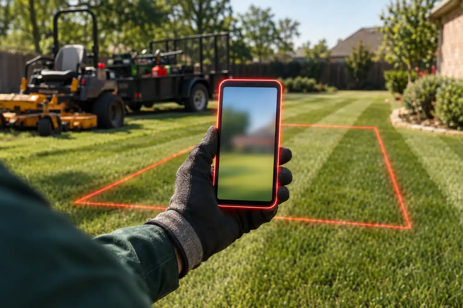 Gloved hand holding a phone up to photograph a freshly striped lawn in morning light