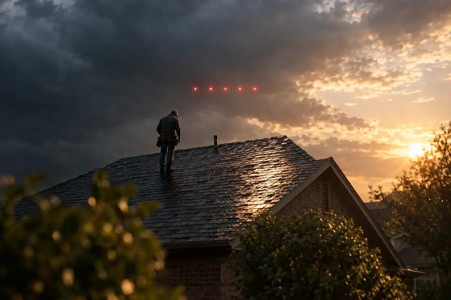 Roofer inspecting shingles on a house roof as storm clouds clear, with a row of five small red lights floating above the ridge