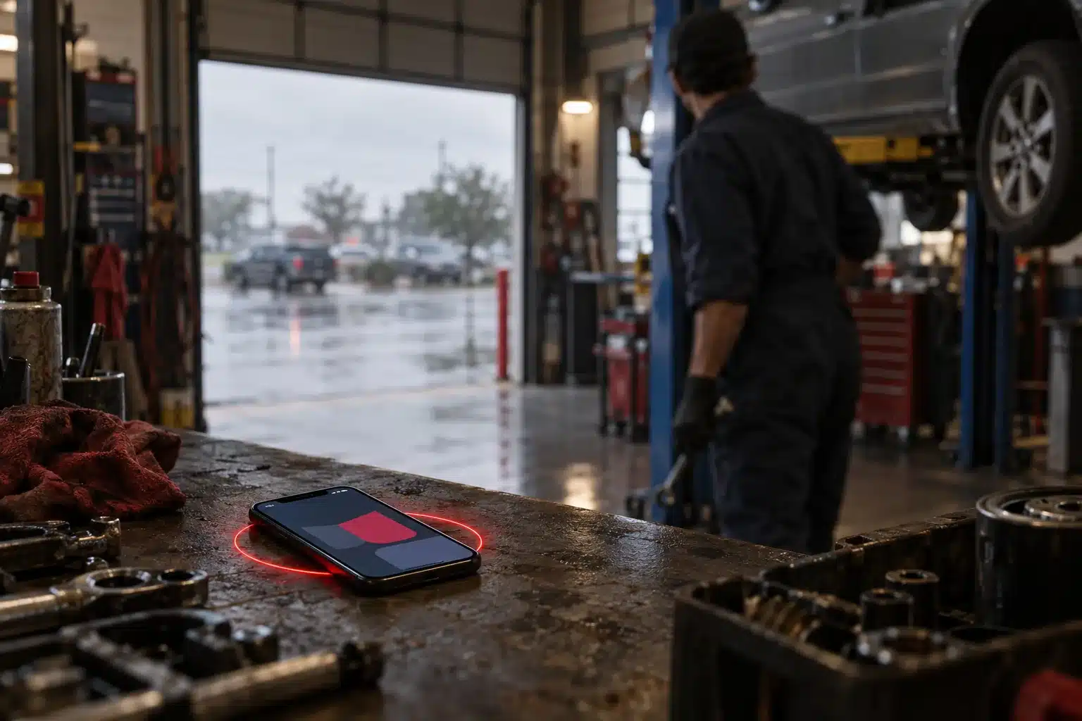 Phone ringing on a workbench in an auto repair bay, with a mechanic in the background turning toward it.