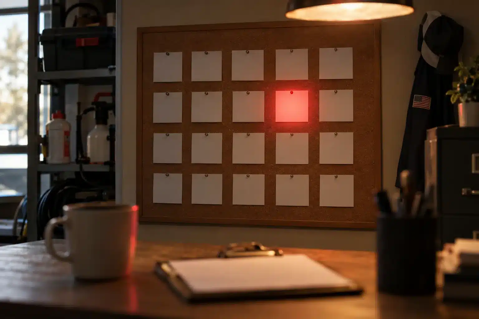 A corkboard of blank paper squares pinned in a calendar grid in a small shop office, with one square glowing red