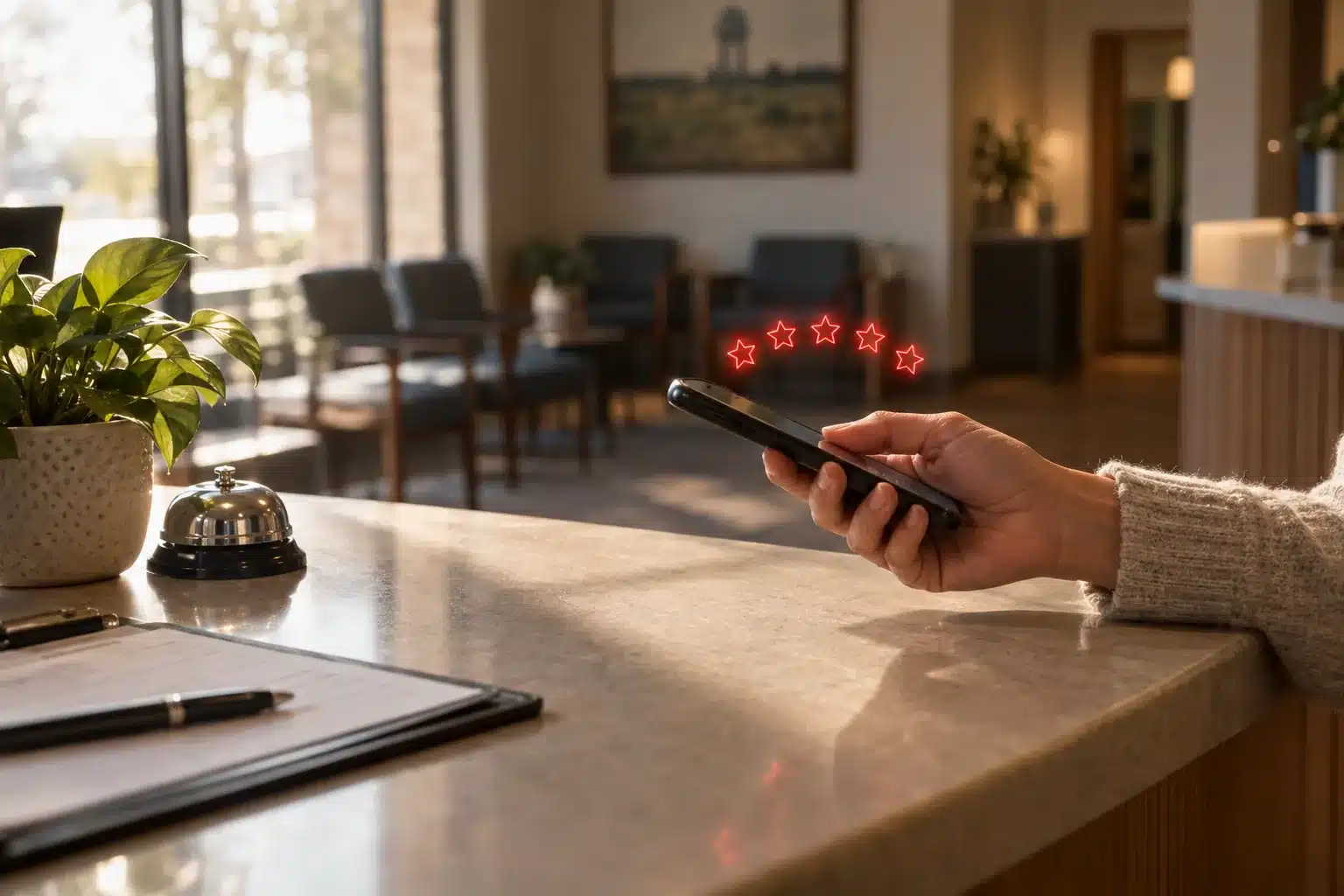Hand holding a phone at a dental office front desk with five small red stars of light hovering above it.
