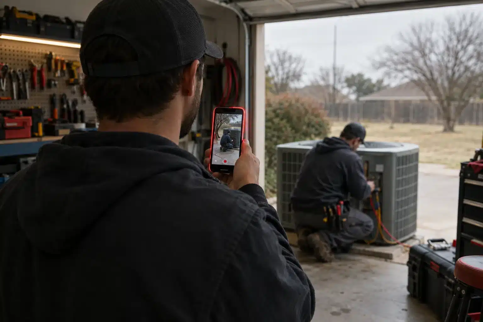 Technician seen from behind filming a coworker at an AC unit with a phone held upright in a garage workshop.