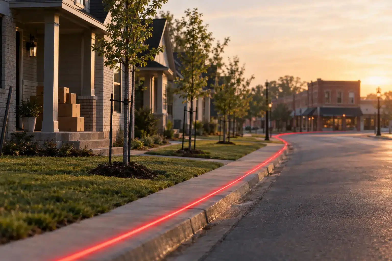 A new residential street with moving boxes on a porch and a thin red line of light running along the curb toward a small brick storefront