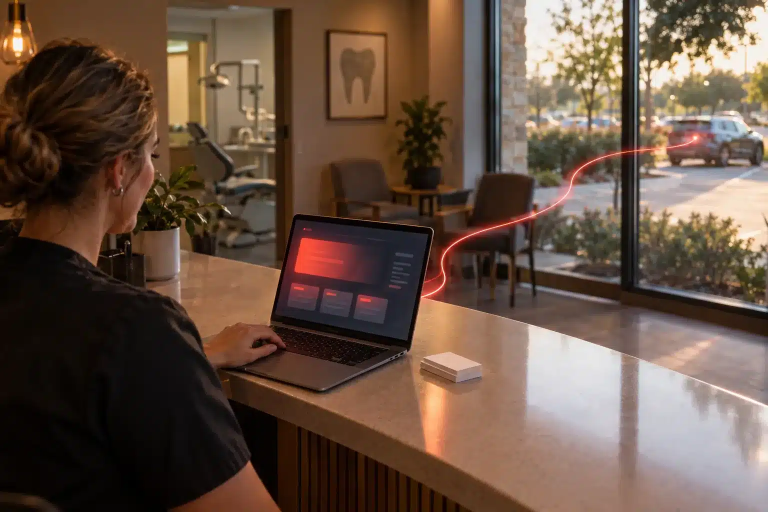 Dental office front desk with a laptop showing abstract blocks and a thin red light line running from the screen toward the window