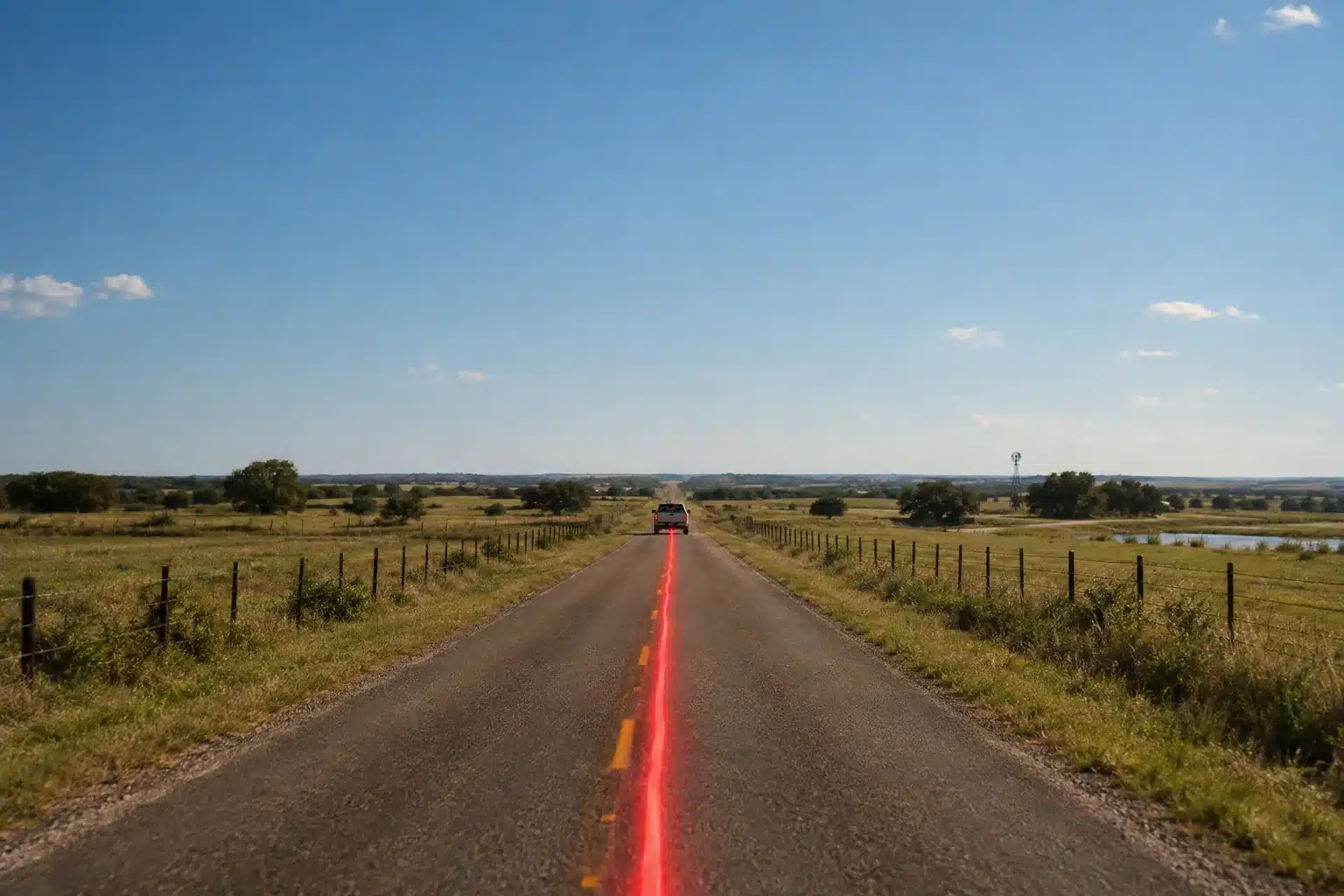 A pickup truck on a farm road with a long thin red line of light trailing behind it