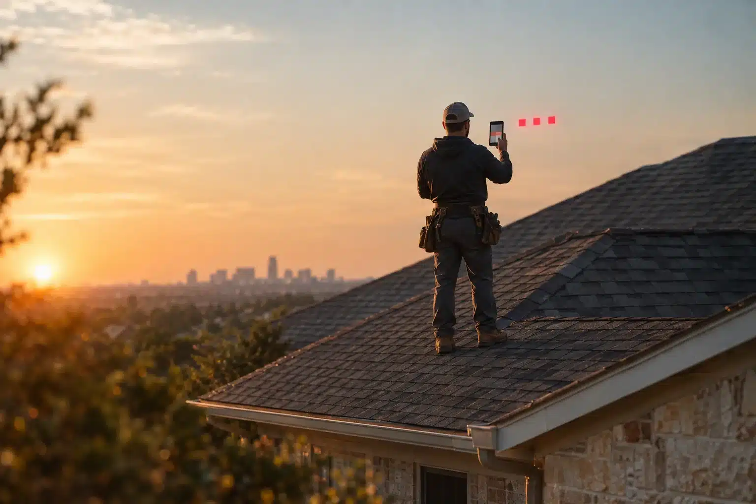 Roofer on a newly shingled roof in morning light photographing the roofline with a phone, three small red light squares floating beside it