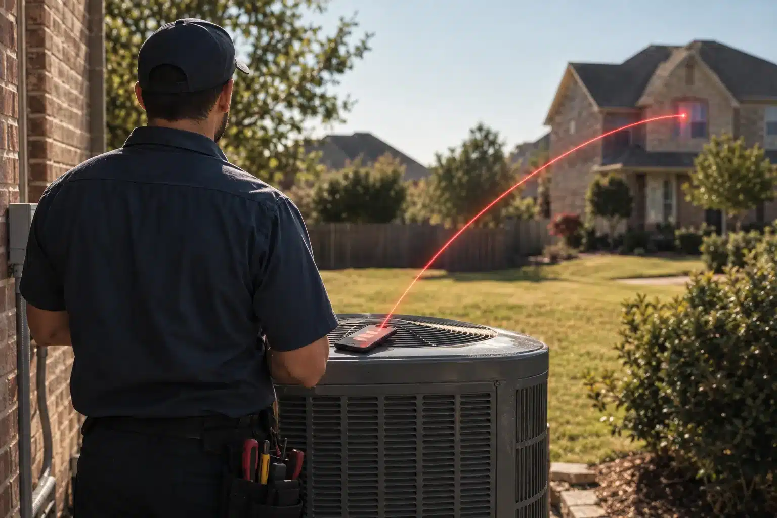 HVAC technician from behind at an outdoor condenser unit beside a brick house, with a thin red light arc running from a phone to a neighboring house