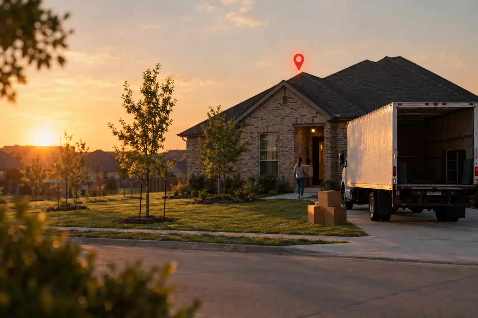 A moving truck in the driveway of a new house with boxes on the lawn and a red light-drawn map pin hovering above the roof.
