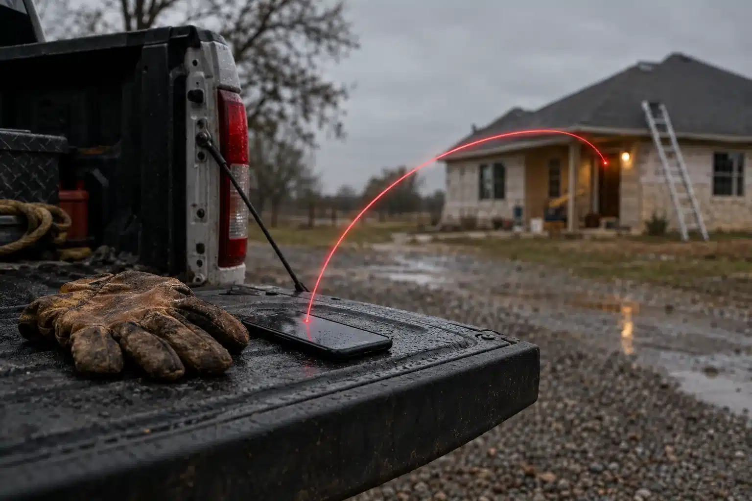 Work glove and phone on a truck tailgate at a job site, with a thin red line of light arcing from the phone toward a distant house