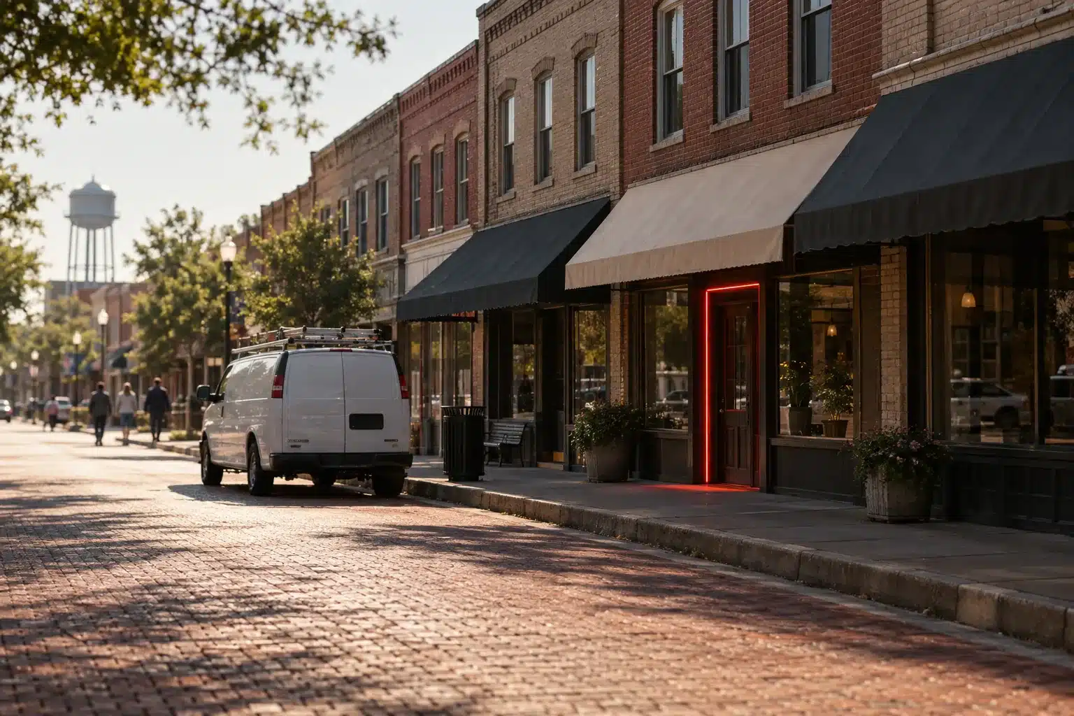 A brick-paved small-town main street with a service van at the curb and a thin red light outlining one storefront doorway.