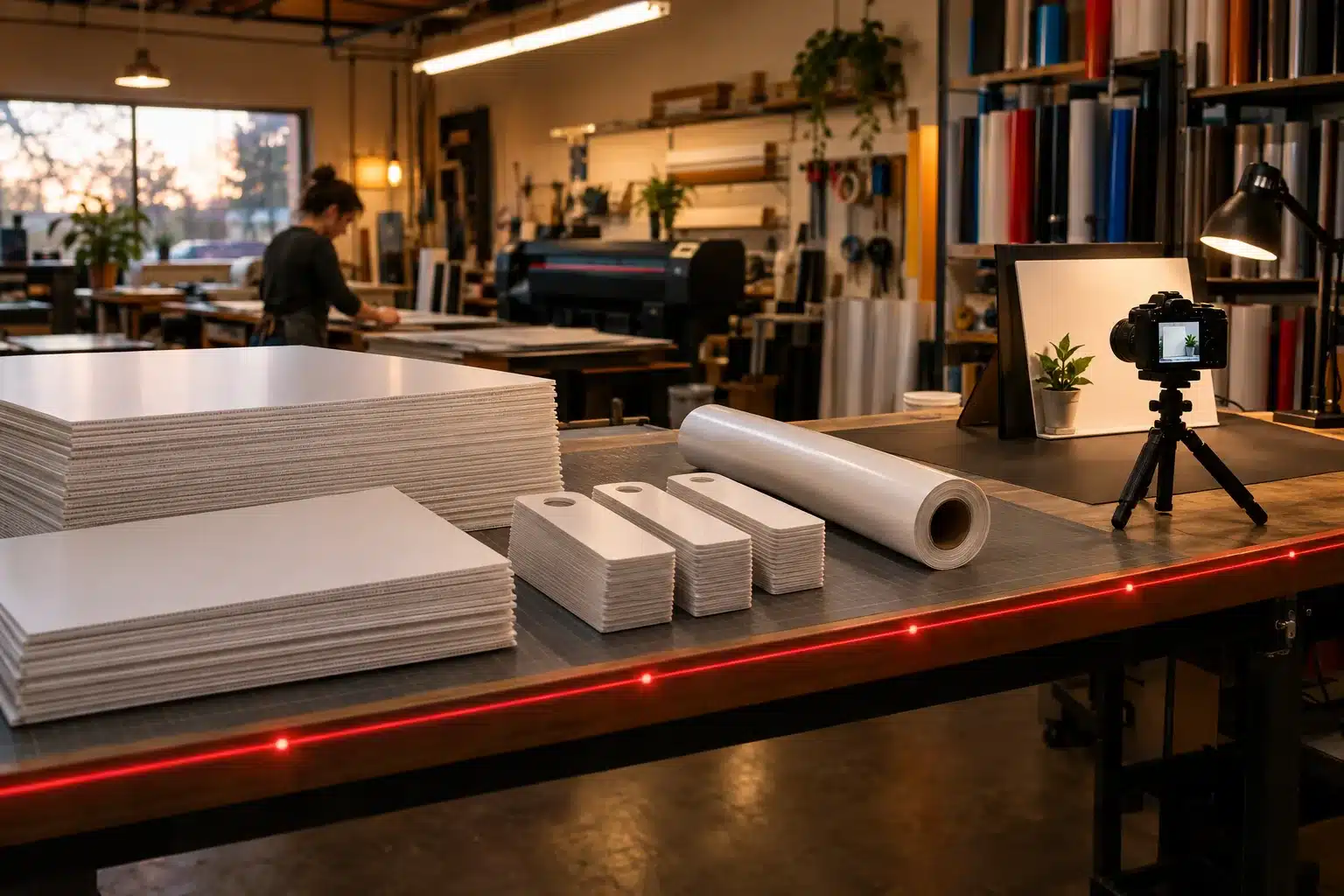 Worktable in a print shop with stacks of blank yard signs and door hangers, a camera on a tripod, and a thin red line of light along the table edge