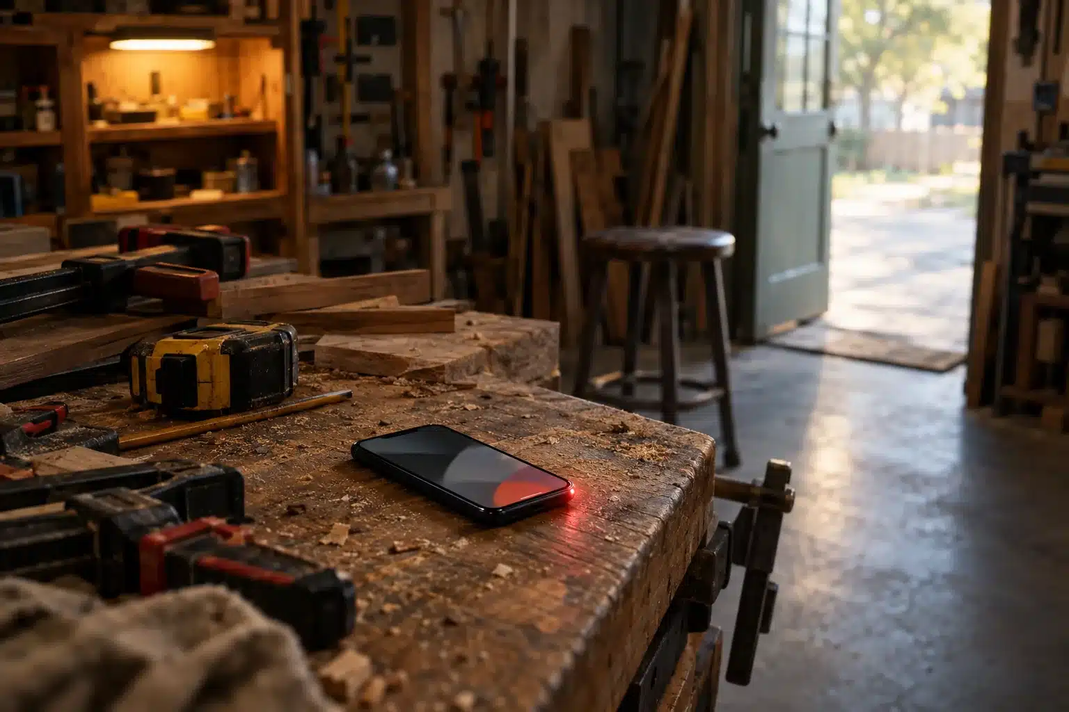 A phone lying on a cluttered workshop bench among tools, its screen glowing with a small red light while no one is around.