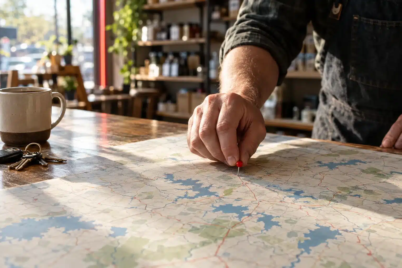 A hand pressing a red push pin into a paper map on a shop counter