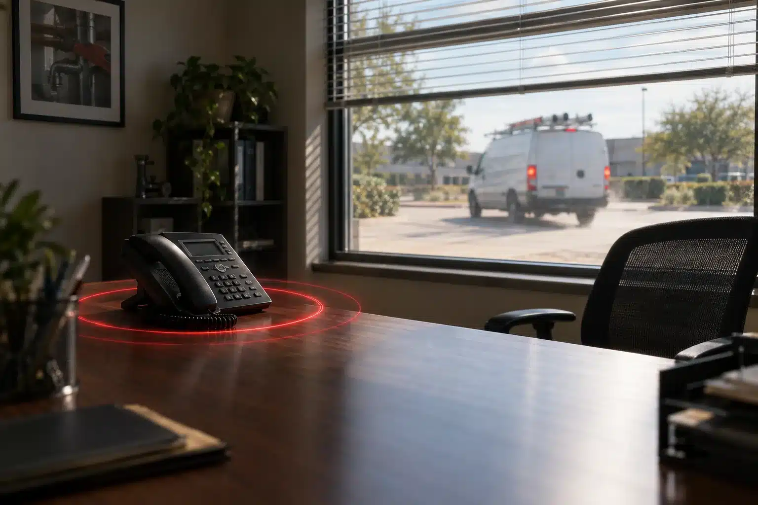 Empty front-office desk with a phone ringing inside a thin red ring of light, and a work van leaving outside the window