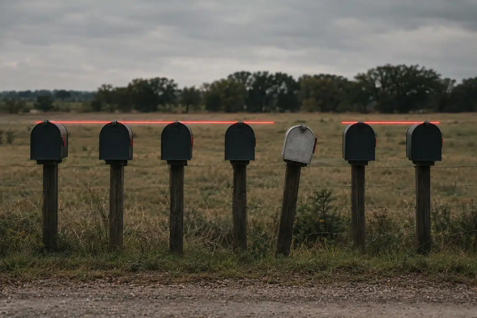 Row of rural mailboxes along a farm road on an overcast day, one crooked and out of line, with a thin red line of light broken above it