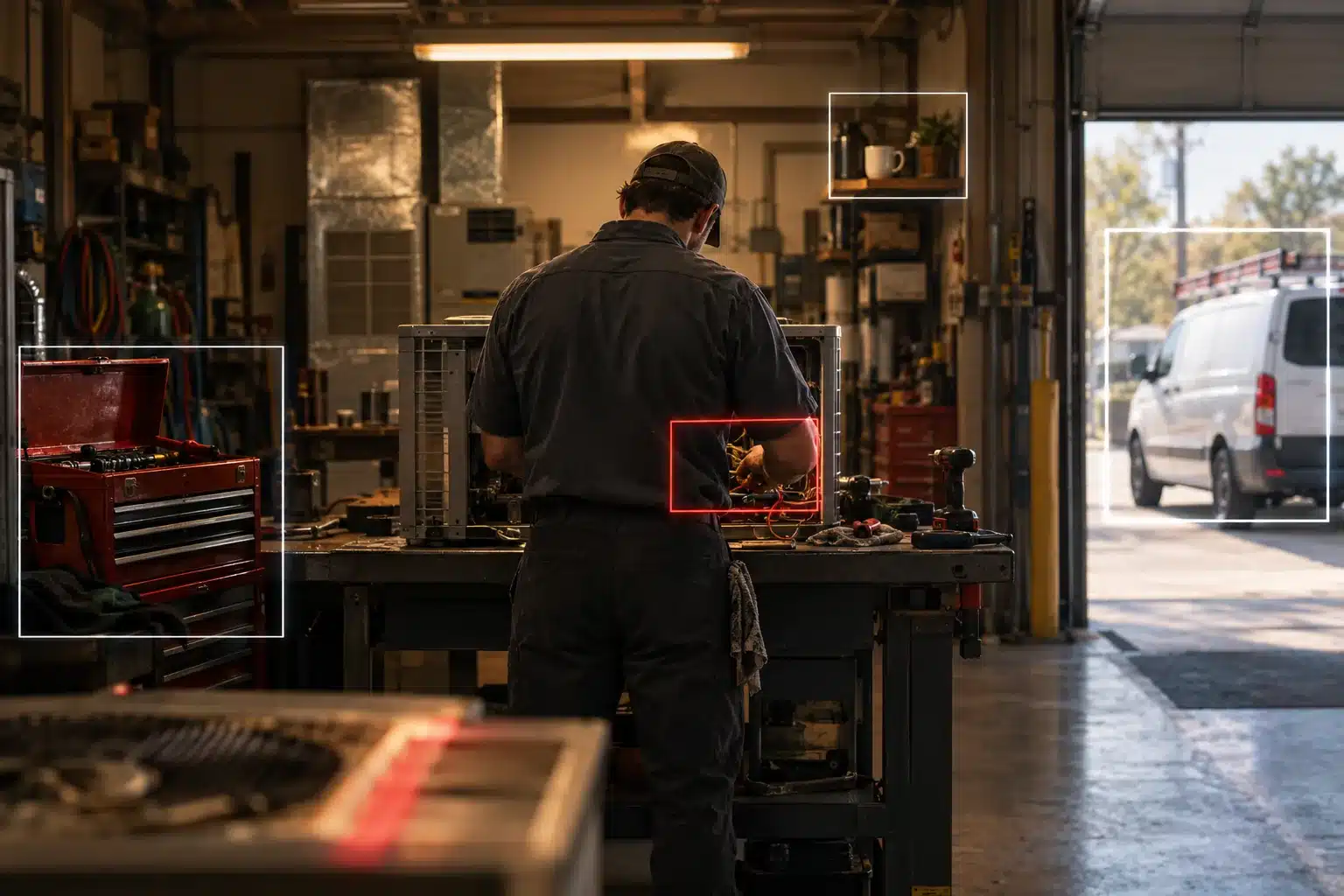 Technician at a workbench in a lit shop, with thin frames of light hovering over a toolbox, a coffee cup and a van, one frame in red