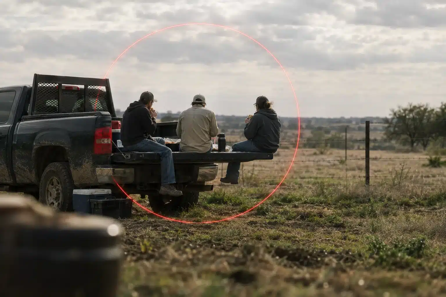 Three workers eating lunch on a pickup tailgate at a rural job site, circled by a thin red line of light